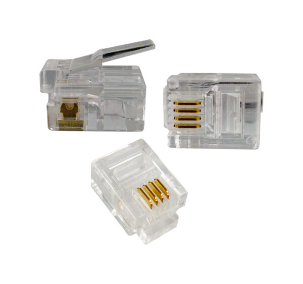 Bundle of CAT3 RJ11 Modular Plugs for round solid/stranded CAT3 telephone cable (4C), 100 pieces per bag.