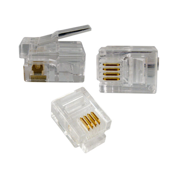 Bundle of CAT3 RJ11 Modular Plugs for round solid/stranded CAT3 telephone cable (4C), 100 pieces per bag.