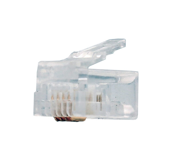 Close-up image of a CAT3 RJ11 Modular Plug designed for round solid or stranded CAT3 telephone cable (4C). 009-007/64R-100