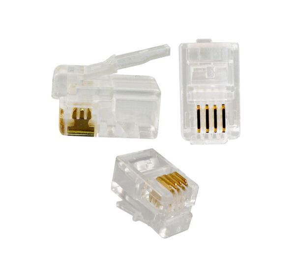 (009-1024/44R-100) Bundled clear RJ22 modular plugs (CAT3) for telephone handset cords, designed for solid and stranded wires, sold in a pack of 100.