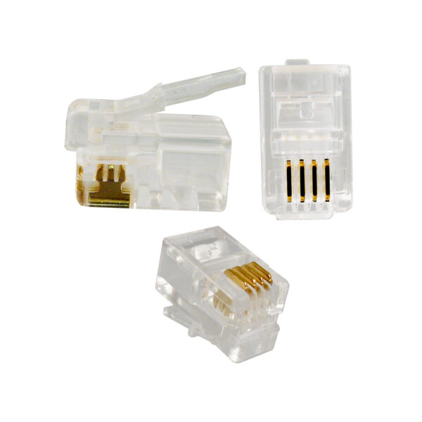 (009-1024/44R-100) Bundled clear RJ22 modular plugs (CAT3) for telephone handset cords, designed for solid and stranded wires, sold in a pack of 100.