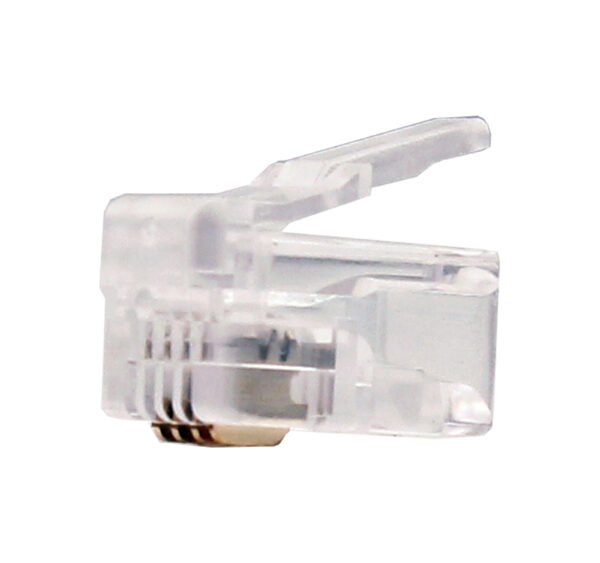 (009-1024/44R-100) Clear RJ22 modular plugs (CAT3) for telephone handset cords, designed for solid and stranded wires, sold in a pack of 100.