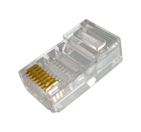 Close-up image of a CAT5E RJ45 Modular Plug (011-016-100), featuring a transparent housing with gold-plated contacts, designed for solid and stranded Ethernet cables.