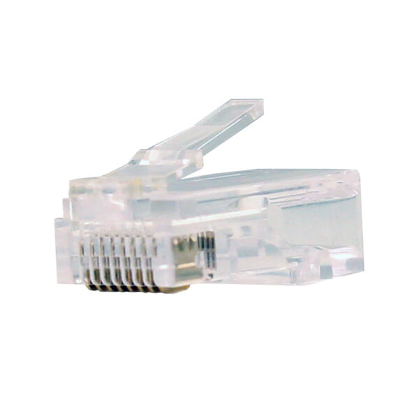 Close-up image of a CAT5E RJ45 Modular Plug (011-016-100), featuring a transparent housing with gold-plated contacts, designed for solid and stranded Ethernet cables.