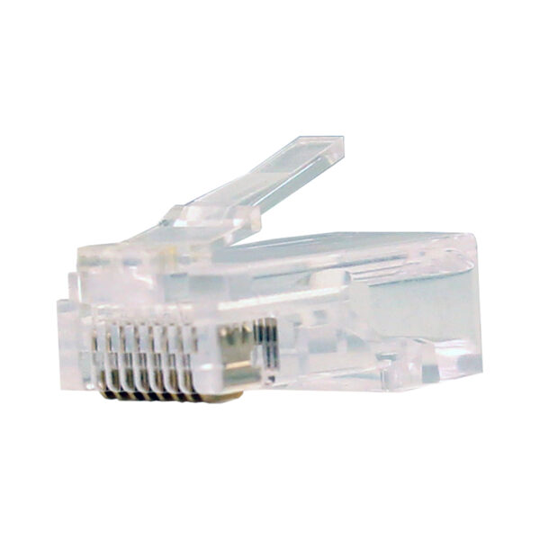 Close-up image of a CAT5E RJ45 Modular Plug (011-016-100), featuring a transparent housing with gold-plated contacts, designed for solid and stranded Ethernet cables.