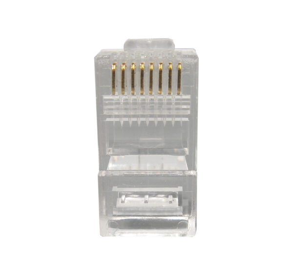 Close-up image of a CAT5E RJ45 Modular Plug (011-016-100), featuring a transparent housing with gold-plated contacts, designed for solid and stranded Ethernet cables.