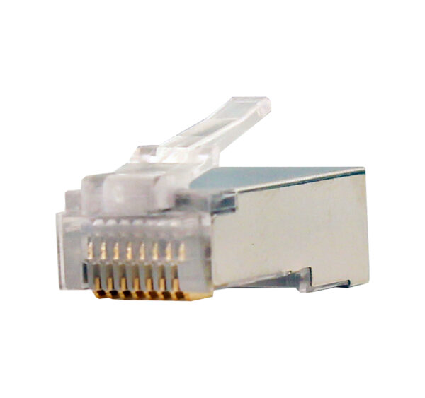 Close-up of a CAT5E RJ45 Shielded Modular Plug (011-017-100), showcasing the gold-plated contacts, shielded design, and clear plastic housing, ideal for high-speed networking applications.