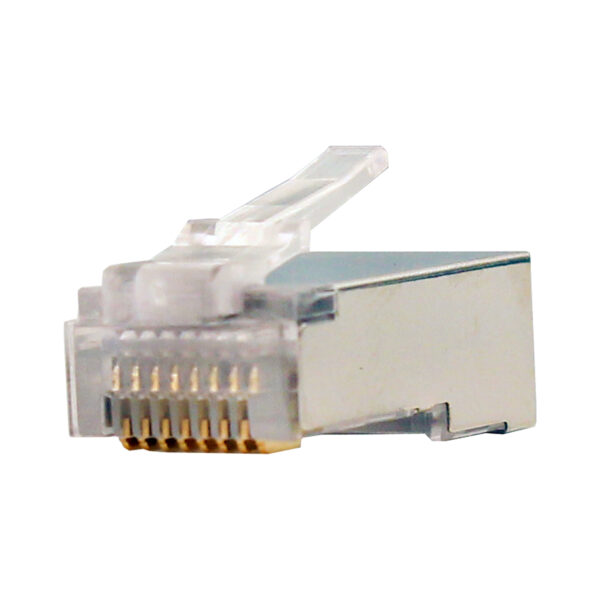 Close-up of a CAT5E RJ45 Shielded Modular Plug (011-017-100), showcasing the gold-plated contacts, shielded design, and clear plastic housing, ideal for high-speed networking applications.