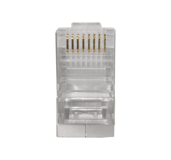 Close-up of a CAT5E RJ45 Shielded Modular Plug (011-017-100), showcasing the gold-plated contacts, shielded design, and clear plastic housing, ideal for high-speed networking applications.