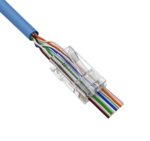 Close-up image of the CAT5E Easy Feed RJ45 Modular Plug (011-018/EZF-100), and how the feed-through system works.