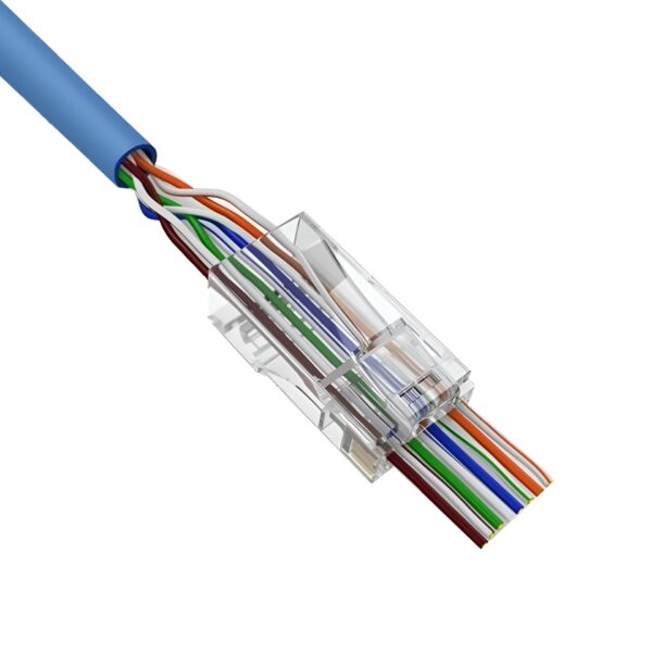 Close-up image of the CAT5E Easy Feed RJ45 Modular Plug (011-018/EZF-100), and how the feed-through system works.