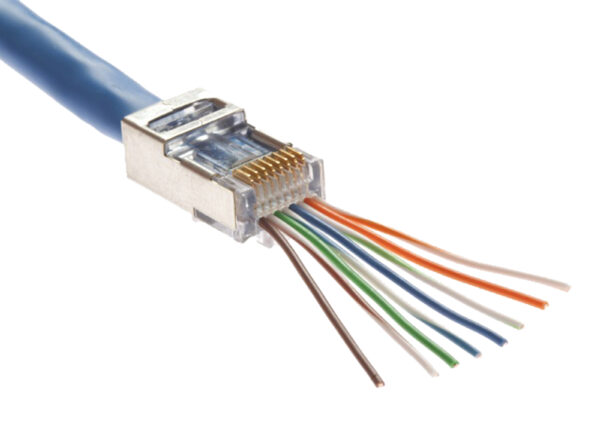 A CAT5E Easy Feed RJ45 Shielded Plug (011-019/EZF-100) with a network cable inserted, showing individual wire strands passing through the transparent plug for easy termination.