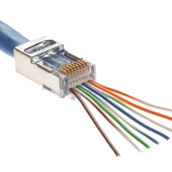 A CAT5E Easy Feed RJ45 Shielded Plug (011-019/EZF-100) with a network cable inserted, showing individual wire strands passing through the transparent plug for easy termination.