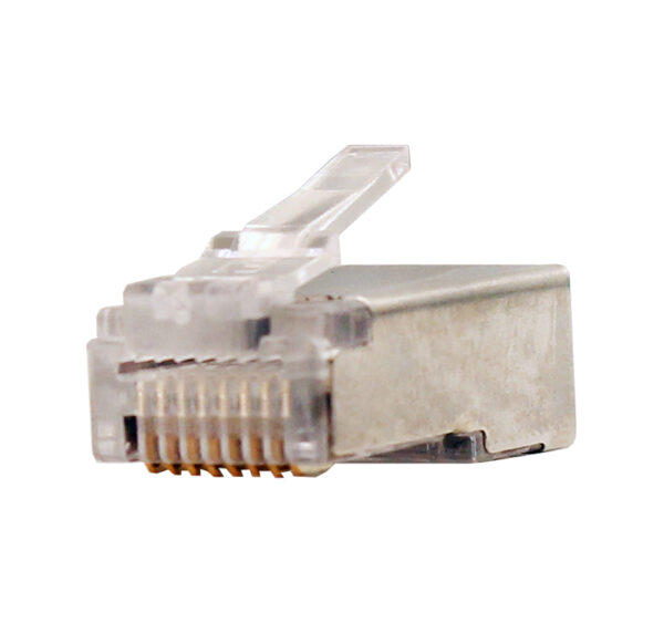 Close-up image of the CAT5E Easy Feed RJ45 Shielded Plug (011-019/EZF-100), featuring a transparent body, gold-plated contacts, and built-in shielding for reduced interference.