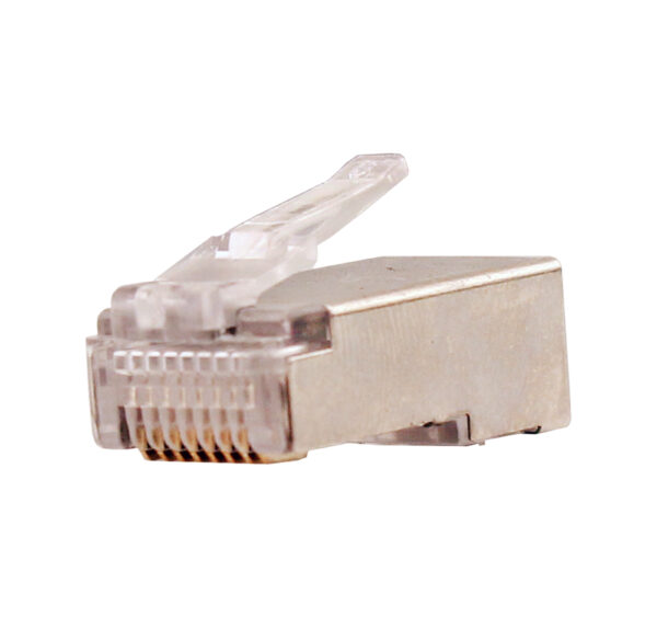 Close-up image of the CAT5E Shielded RJ45 Plug (011-020G-100), featuring a built-in ground wire hook and durable shielded construction for interference-free network connections.