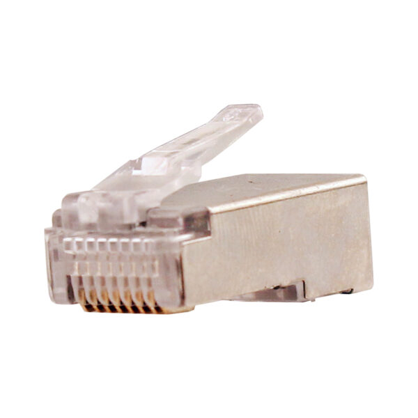 Close-up image of the CAT5E Shielded RJ45 Plug (011-020G-100), featuring a built-in ground wire hook and durable shielded construction for interference-free network connections.
