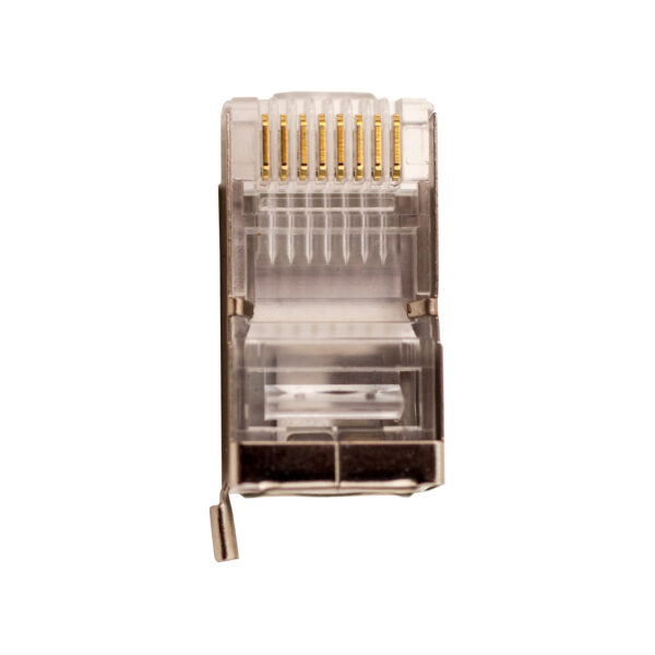 Close-up image of the CAT5E Shielded RJ45 Plug (011-020G-100), featuring a built-in ground wire hook and durable shielded construction for interference-free network connections.