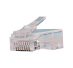 Close-up image of the 012-023/EZF-100 CAT6 Easy Feed RJ45 Plug, showcasing its 8P/8C design and easy-feed structure for solid and stranded cables.