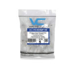 A sealed packaging bag containing 100 pieces of the 012-023/EZF-100 CAT6 Easy Feed RJ45 Plugs, designed for solid and stranded cables.