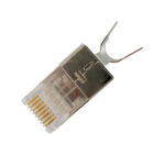 Close-up, bottom view of the CAT6a Shielded RJ45 Plug (012-021-100), featuring a load bar for easy termination, 3-prong design for solid cables, and shielding for interference protection.
