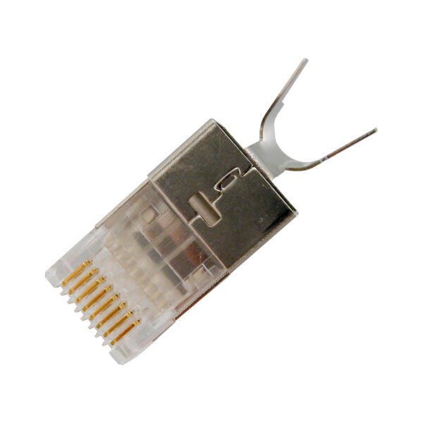 Close-up, bottom view of the CAT6a Shielded RJ45 Plug (012-021-100), featuring a load bar for easy termination, 3-prong design for solid cables, and shielding for interference protection.