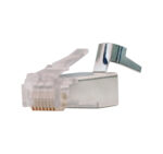 Close-up of the CAT6a Shielded RJ45 Plug (012-021-100), featuring a load bar for easy termination, 3-prong design for solid cables, and shielding for interference protection.