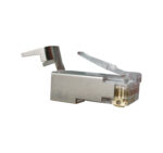 Close-up, side view of the CAT6a Shielded RJ45 Plug (012-021-100), featuring a load bar for easy termination, 3-prong design for solid cables, and shielding for interference protection.