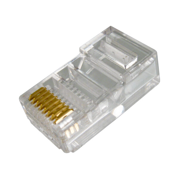 Close-up image of the 012-022-100 CAT6 RJ45 Modular Plug, designed for solid and stranded cables, without a load bar.