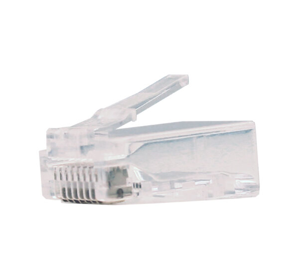 Close-up image of the 012-022-100 CAT6 RJ45 Modular Plug, designed for solid and stranded cables, without a load bar.