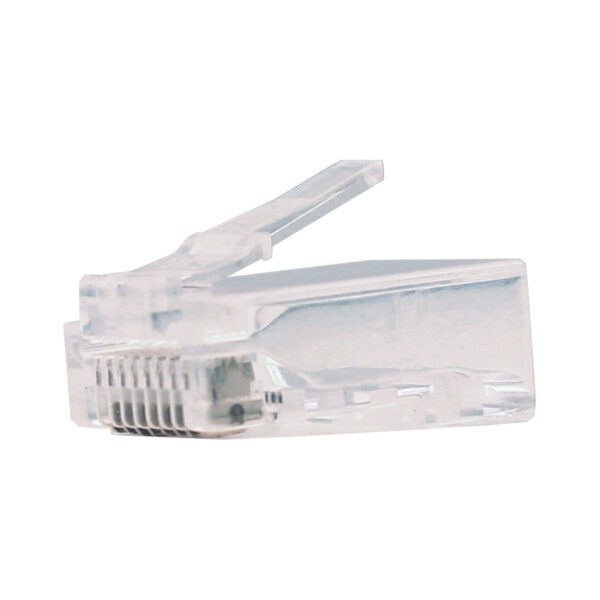 Close-up image of the 012-022-100 CAT6 RJ45 Modular Plug, designed for solid and stranded cables, without a load bar.