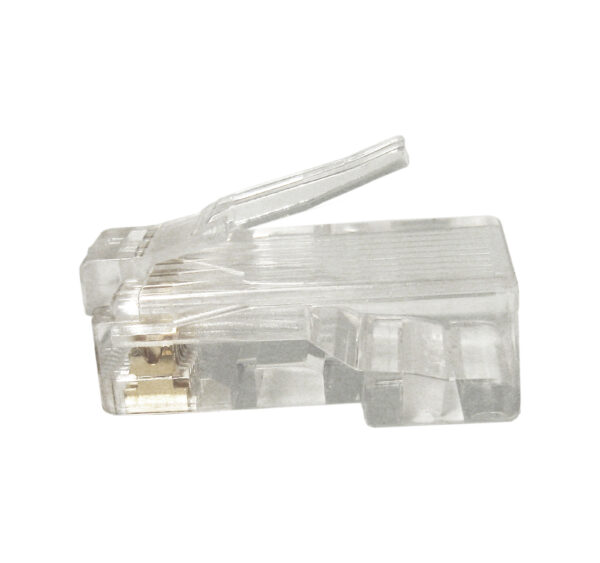 Close-up image of the 012-022-100 CAT6 RJ45 Modular Plug, designed for solid and stranded cables, without a load bar.