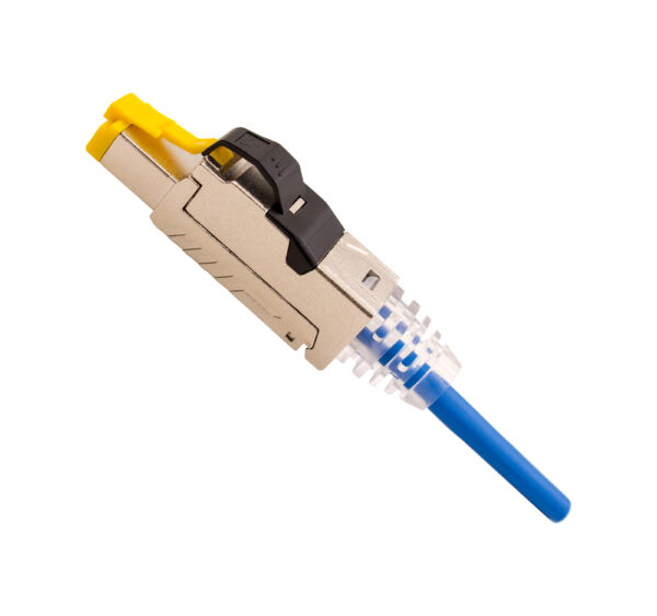 Close-up of the 012-024/10G CAT6a Shielded RJ45 Plug with a cable inserted, highlighting its snap-in boot and 10G-rated shielding for high-speed networking.