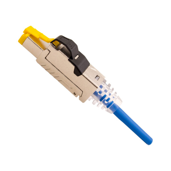 Close-up of the 012-024/10G CAT6a Shielded RJ45 Plug with a cable inserted, highlighting its snap-in boot and 10G-rated shielding for high-speed networking.