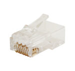 Close-up of a CAT6a Easy Feed RJ45 Modular Plug (012-025/EZF-100) for unshielded cable, designed for fast termination and reliable network connections.