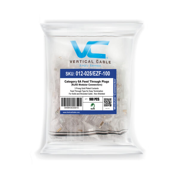 Bag of 100 CAT6a Easy Feed RJ45 Modular Plugs (012-025/EZF-100) for unshielded cable, showcasing the packaging and product inside.