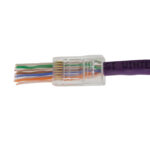 A CAT6a Easy Feed RJ45 Modular Plug (012-025/EZF-100) with a cable threaded through, showing its unshielded design and easy termination process.
