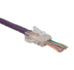 A CAT6a Easy Feed RJ45 Modular Plug (012-025/EZF-100) with a cable threaded through, showing its unshielded design and easy termination process.