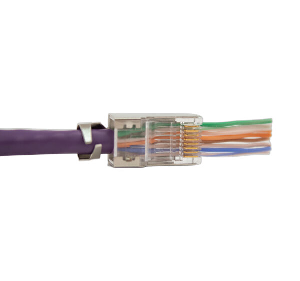 Close-up of the 012-026/EZF-100 CAT6A Easy Feed RJ45 Shielded Plug with a network cable threaded through, showcasing its secure and efficient termination design.