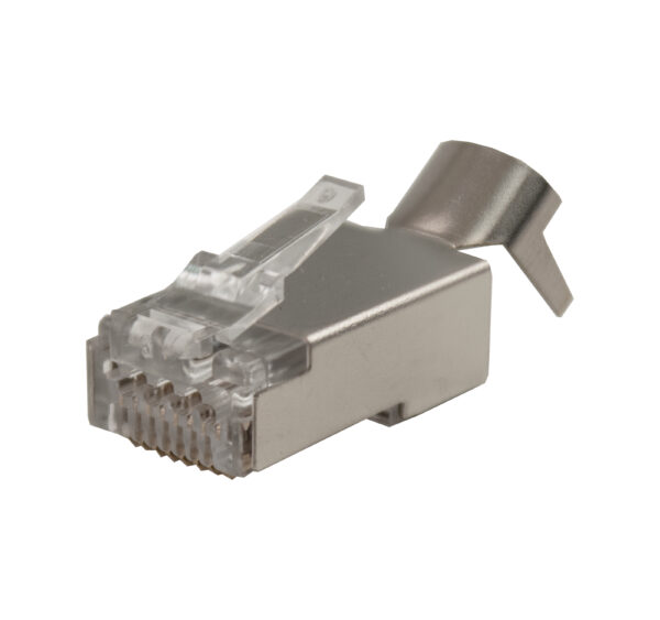 Close-up image of the 012-026/EZF-100 CAT6A Easy Feed Shielded RJ45 Modular Plug, designed for solid and stranded cables, offering secure and high-speed connections.