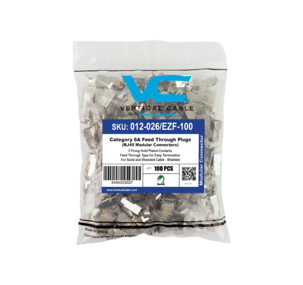 A bag of 012-026/EZF-100 CAT6A Easy Feed RJ45 Shielded Plugs, containing 100 high-performance modular connectors for shielded network cables.