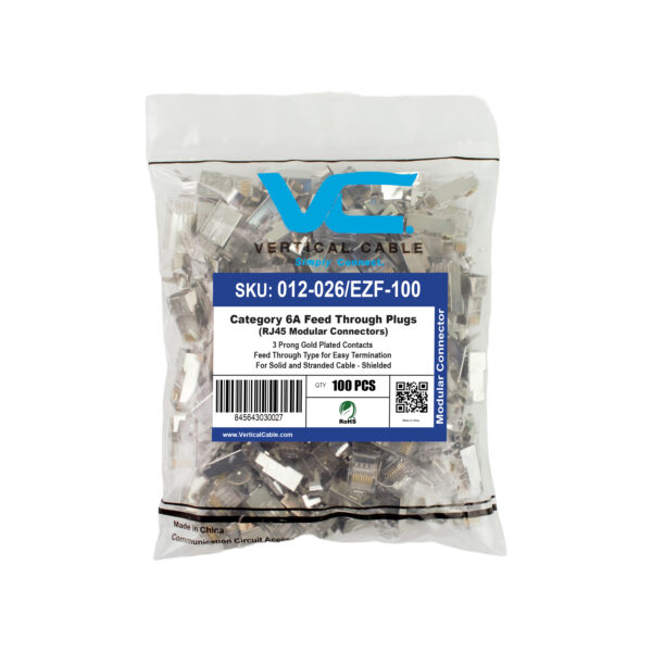A bag of 012-026/EZF-100 CAT6A Easy Feed RJ45 Shielded Plugs, containing 100 high-performance modular connectors for shielded network cables.
