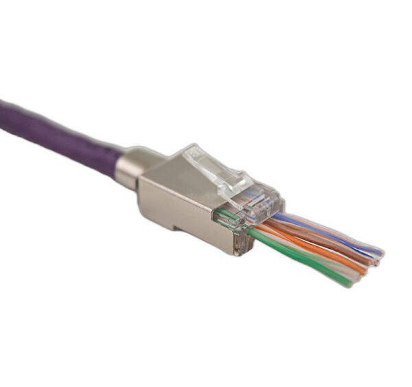 Close-up of the 012-026/EZF-100 CAT6A Easy Feed RJ45 Shielded Plug with a network cable threaded through, showcasing its secure and efficient termination design.