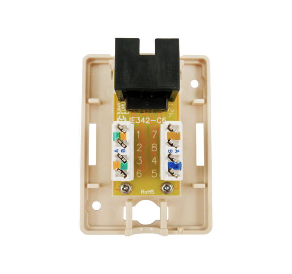 Open view of the 038-351IV 1-Port Surface Mount Box with CAT5E Jack (Ivory), showcasing its internal components.