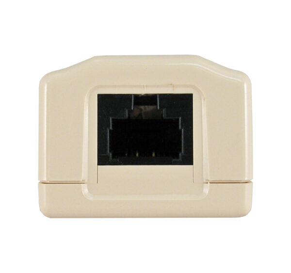 Close-up of the port on the 038-351IV 1-Port Surface Mount Box with CAT5E Jack in Ivory.