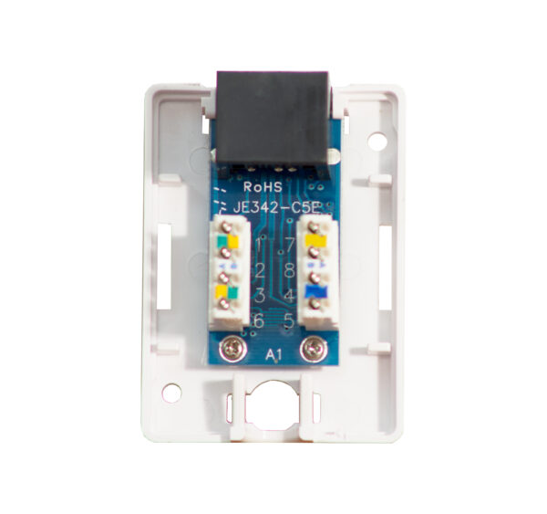 Open view of the 038-352WH 1-Port Surface Mount Box with CAT5E Jack (White), showcasing its internal components.