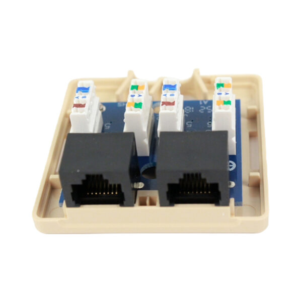 Open view of the 038-354IV 2-Port Surface Mount Box with CAT5E Jack (Ivory), showcasing its internal components.