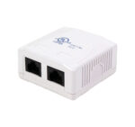 Close-up of the 038-355WH 2-Port Surface Mount Box with CAT5E Jack in White.