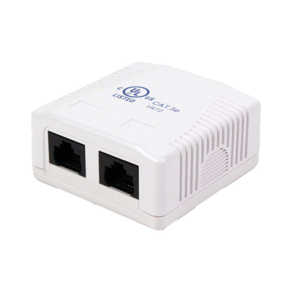 Close-up of the 038-355WH 2-Port Surface Mount Box with CAT5E Jack in White.