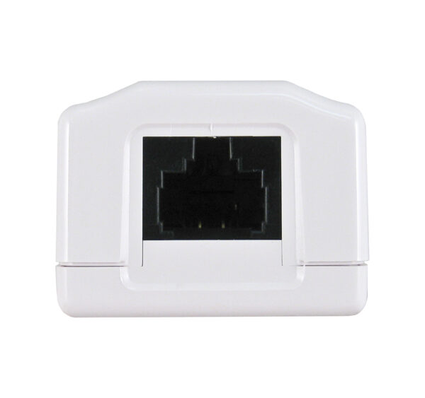 Close-up of the 038-357WH 1-Port Surface Mount Box with CAT6 Jack in White.