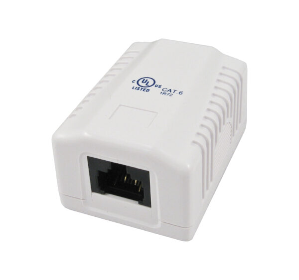 Close-up of the 038-357WH 1-Port Surface Mount Box with CAT6 Jack in White.